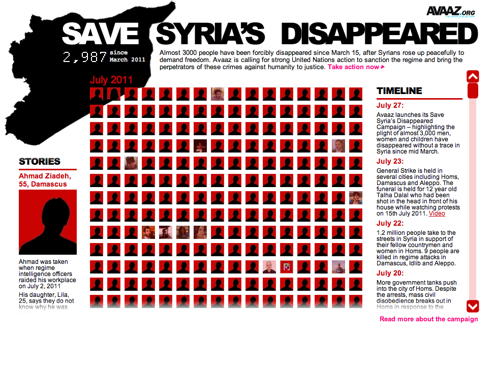 Capture d'écran du site avaaz.org comptabilisant les disparus en Syrie